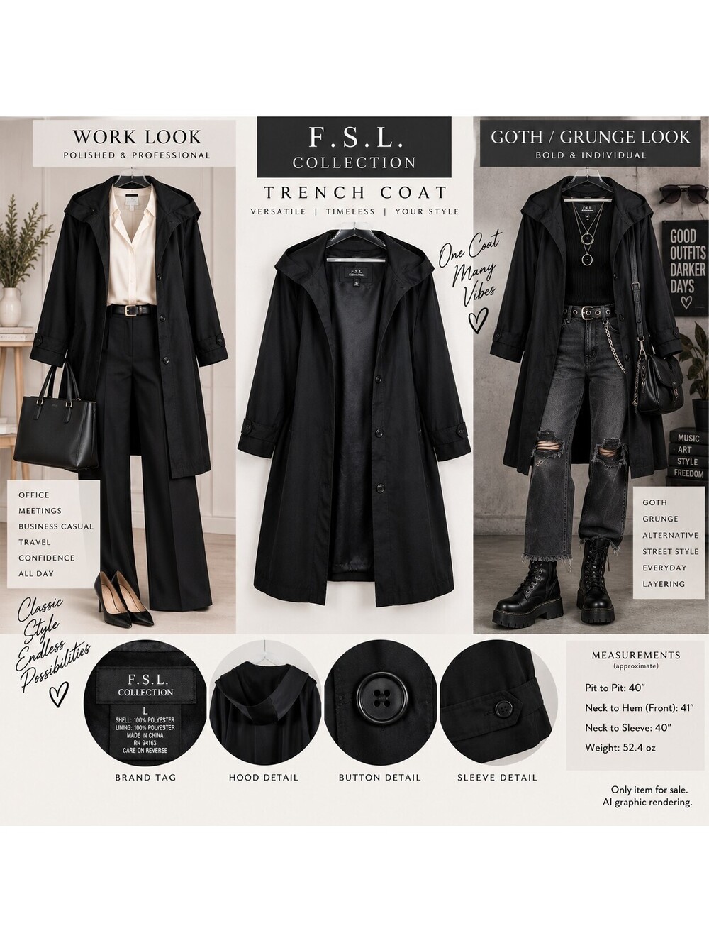Black Long Trench Coat Goth Grunge F.S.L. Collection Size 24